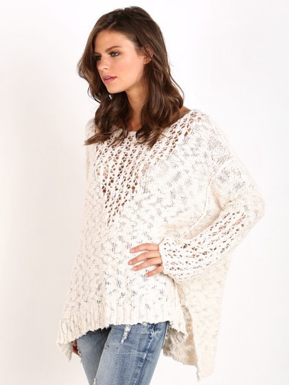 Free people cream 100% cotton chunky open knit oversized sweater size small